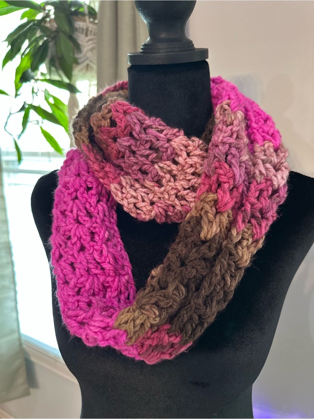 Handmade Crochet Infinity Scarf Pink Brown Chunky Boho